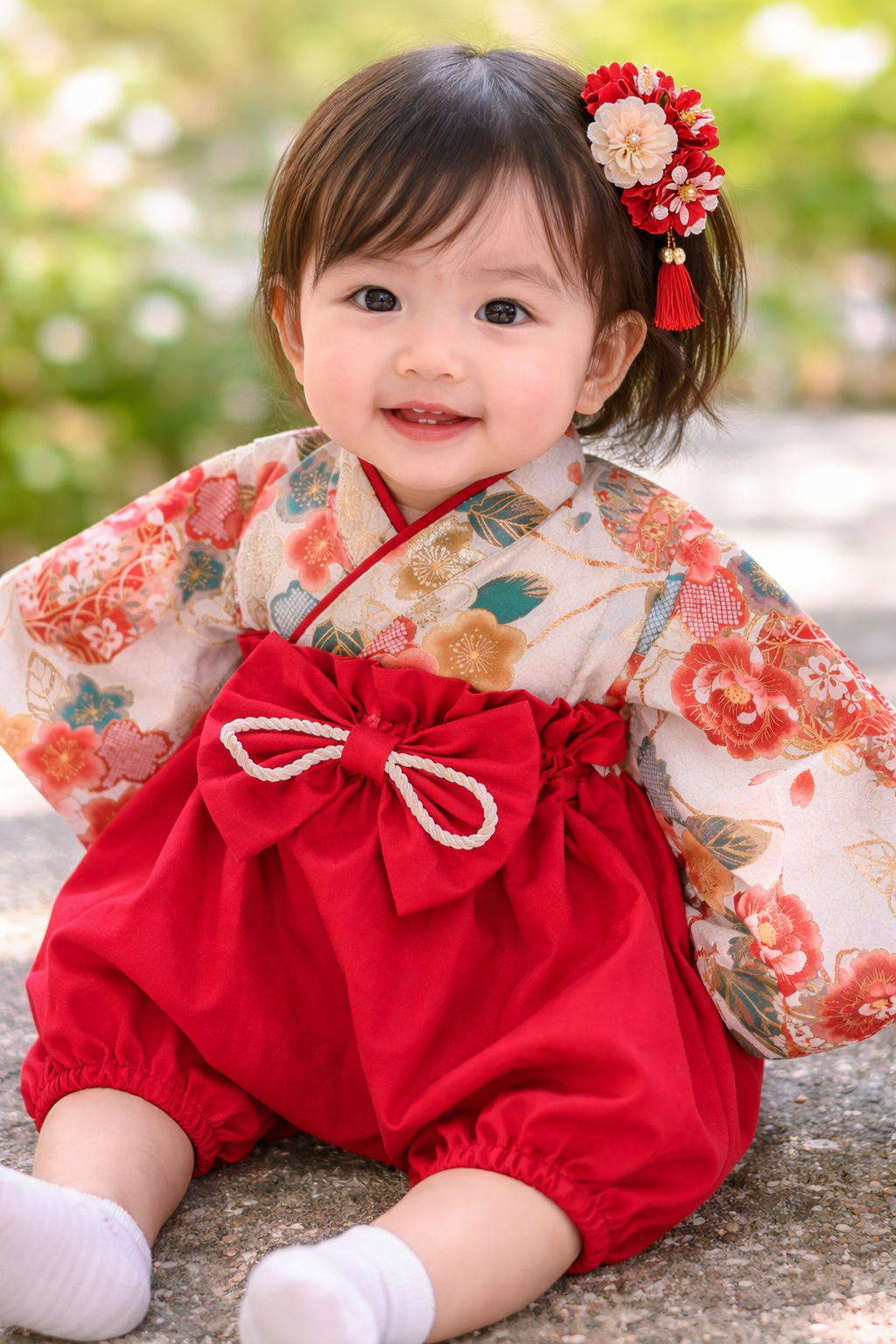 ベビー袴　桜✕毬✕濃赤　3ヶ月〜