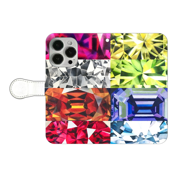 宝石アート　スマホケース　iphone14　pro　手帳型スマホケース　8つの宝石の煌めきを感じて〜 1枚目の画像