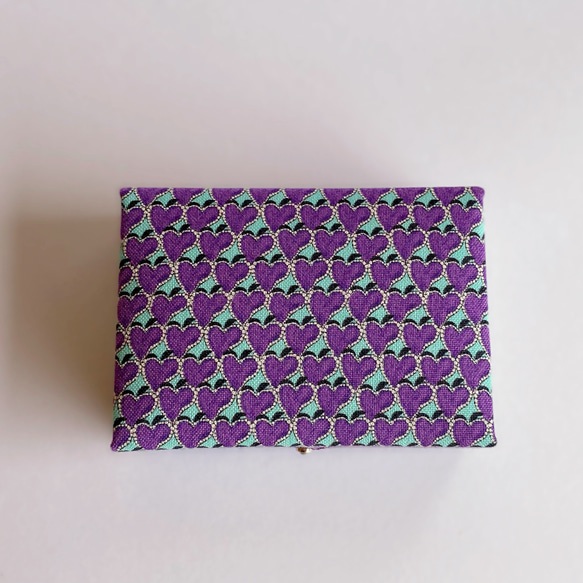 アクセサリーケース　ジュエリーケース　リバティ　ハート柄　パープル系　ブック型　布箱　カルトナージュ 5枚目の画像