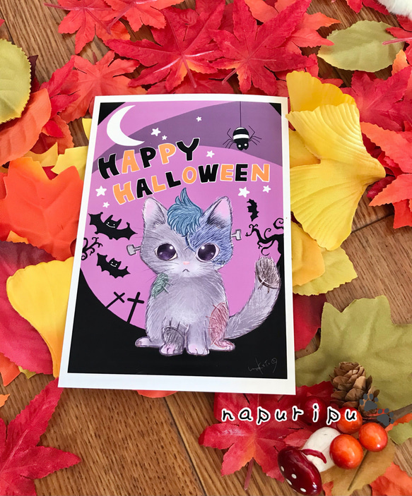 フォロワー様限定788円世界に1つだけのハロウィンハンドメイドメッセージカード猫 フランケン猫ちゃんハロウィンポストカード 2枚組 イラスト napuripu