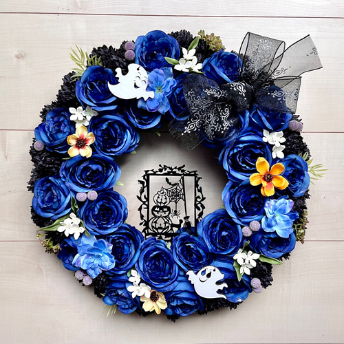 No.wreath-15482/ハロウィンリース22-(19) ブルーローズ 36cm/アーティ ...