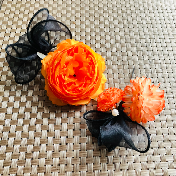 ハロウィン髪飾り♦︎揺れるパールチェーンシャワー&鮮やかオレンジピオニーの髪飾り♦︎パーティ♦︎イベント 3枚目の画像