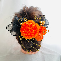 ハロウィン髪飾り♦︎揺れるパールチェーンシャワー&鮮やかオレンジピオニーの髪飾り♦︎パーティ♦︎イベント 8枚目の画像
