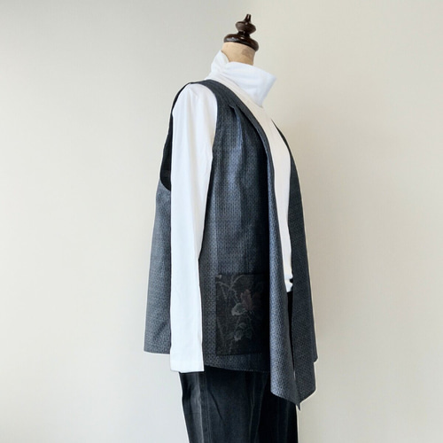 着物リメイク 大島紬のジレ お花の ポケット付き ベスト てまや 通販