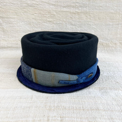 極狭ツバ、藍染め布のパッチワーク帯、波紋柄トップ変形カンカン帽、大きいサイズ、LLサイズ、61cm 2枚目の画像