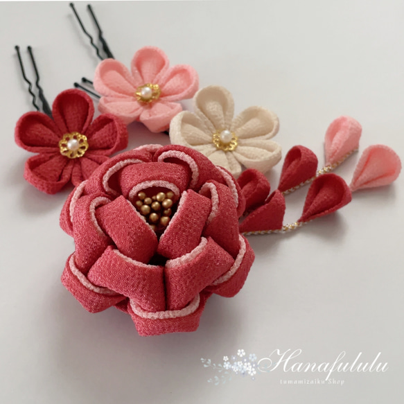 カメリア つまみ細工 髪飾り❁﻿銀紅*ピンク*生成(アイボリー)❁成人式