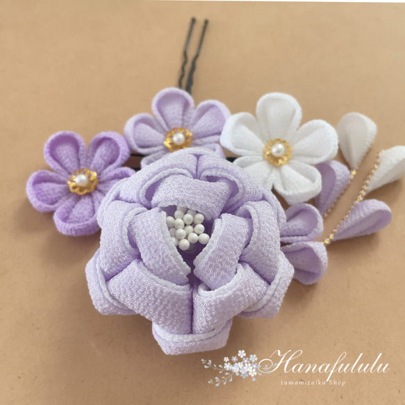 カメリア つまみ細工 髪飾り❁﻿藤*薄紫(白ふじ)*しろ(ホワイト)❁成人