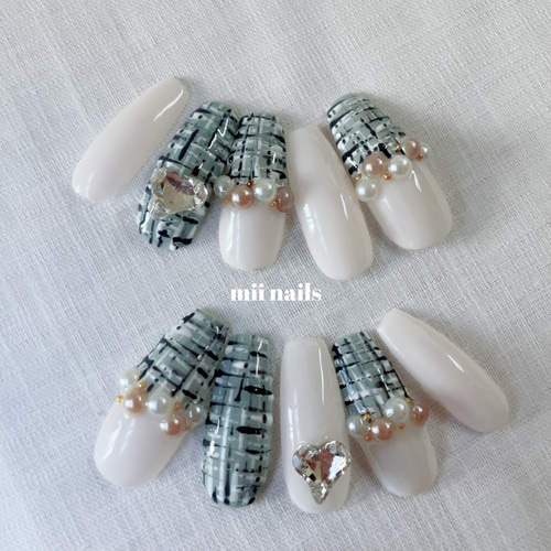 ネイルチップ フレンチガーリー ツイード 秋冬 量産 地雷 ネイルチップ  