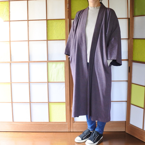 ◇コート◇送料無料 紫シルク 紺化繊 気軽に羽織れる 着物リメイク