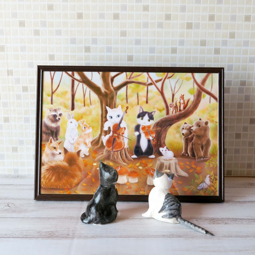 A4ポスター〈秋の森の演奏会～にゃんこの音楽会②〉バイオリンとチェロ