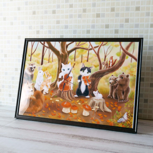 A4ポスター〈秋の森の演奏会～にゃんこの音楽会②〉バイオリンとチェロ