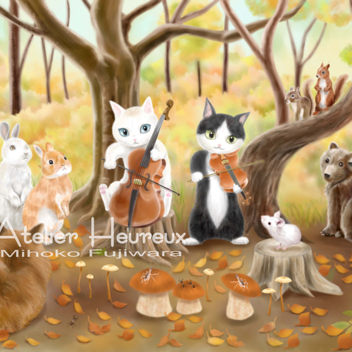 A4ポスター〈秋の森の演奏会～にゃんこの音楽会②〉バイオリンとチェロ