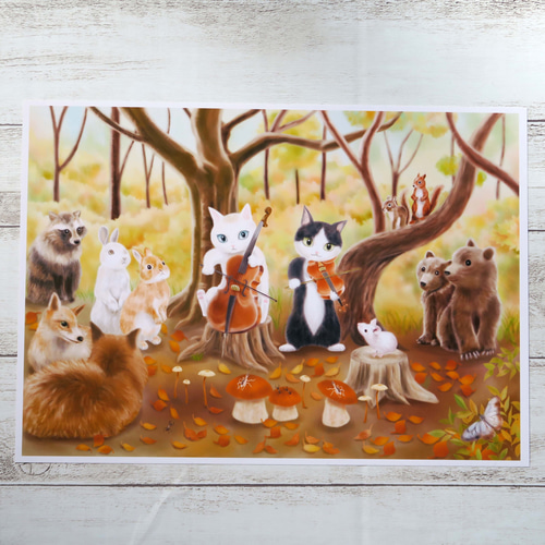 A4ポスター〈秋の森の演奏会～にゃんこの音楽会②〉バイオリンとチェロ