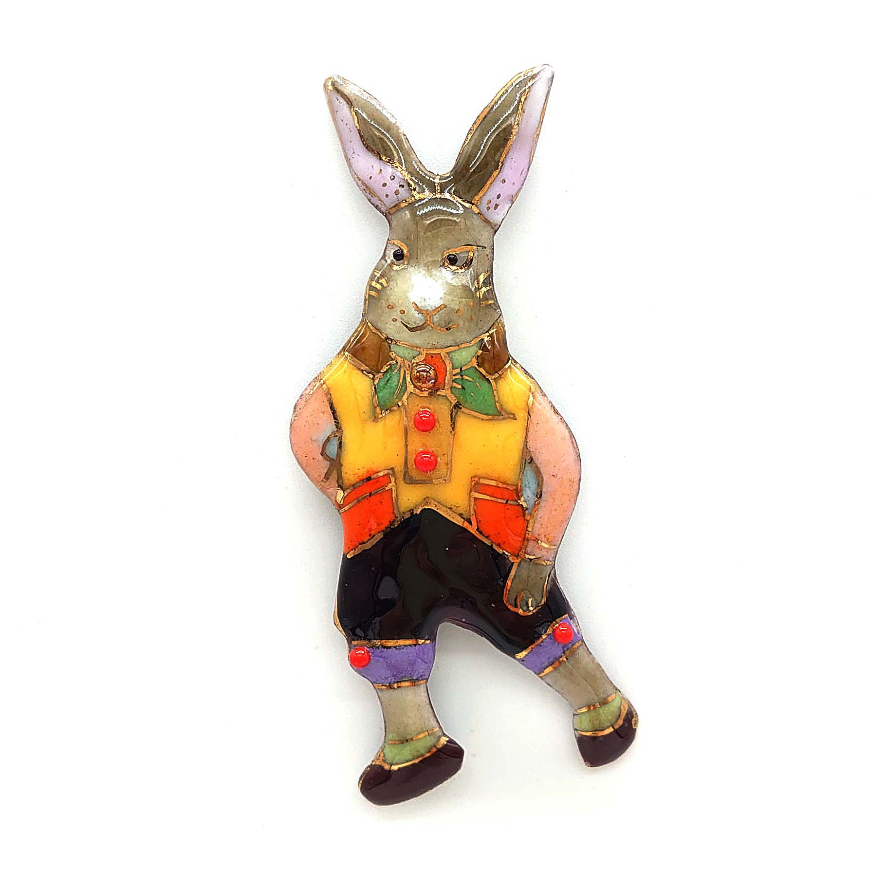 洋風・茶うさぎ(黄色いお洋服)の七宝焼ブローチ【受注制作】