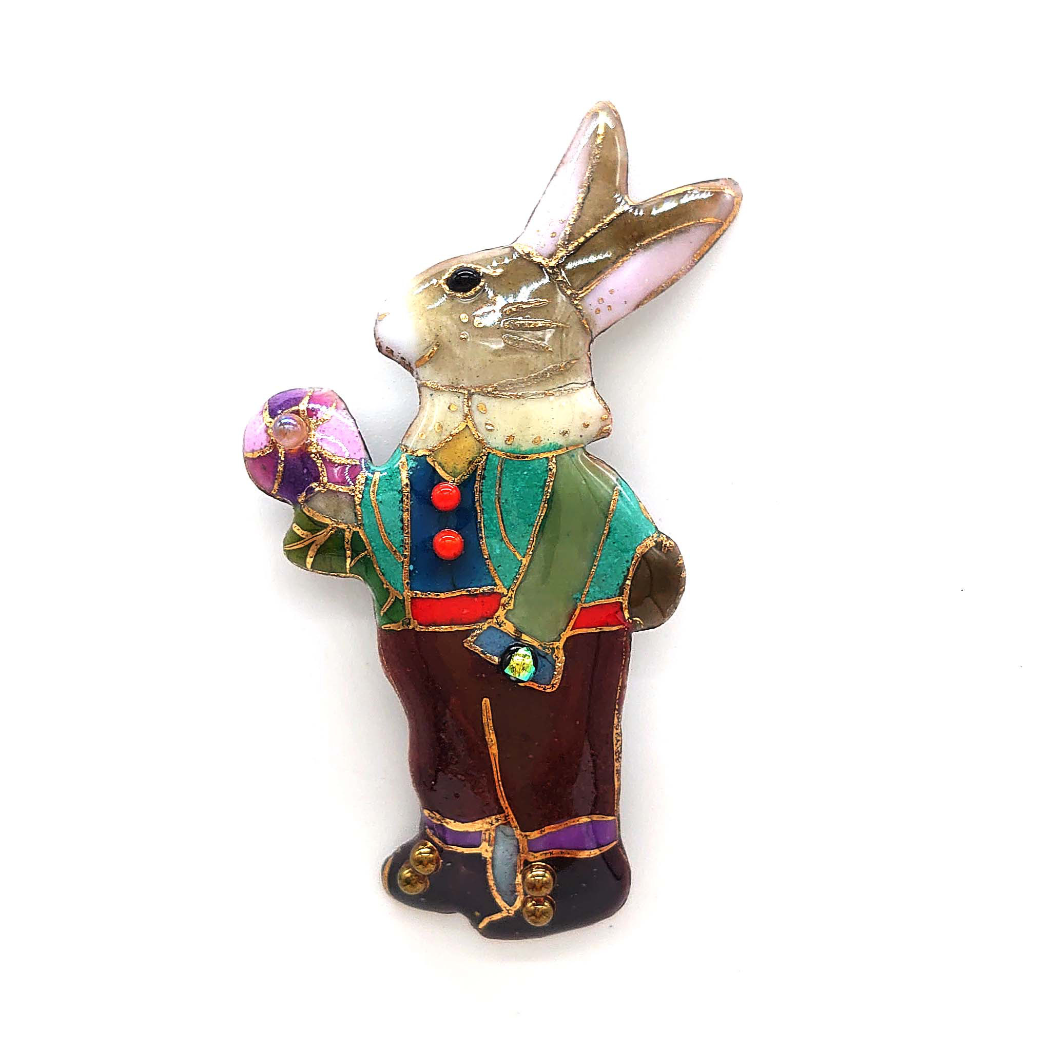 洋風・茶うさぎ(花束)の七宝焼ブローチ【受注制作】