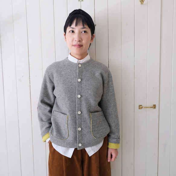 reversible wool knit cardigan   * moku gray & chick yellow * 第3張的照片