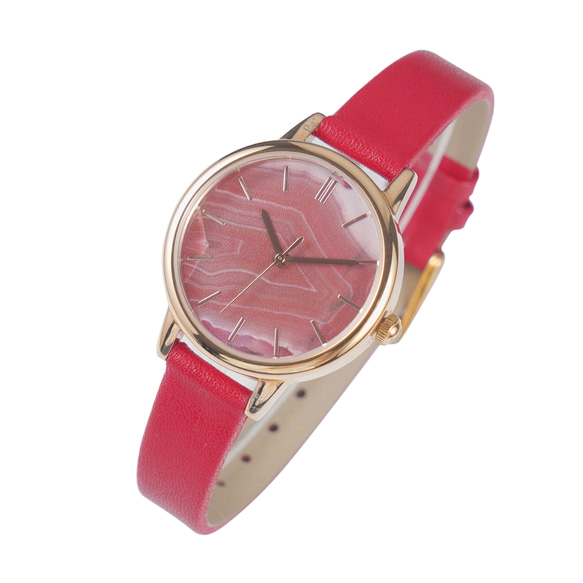 瑪瑙紋路手錶 玫瑰金殼紅色錶帶 女裝手錶 全球免運 第2張的照片