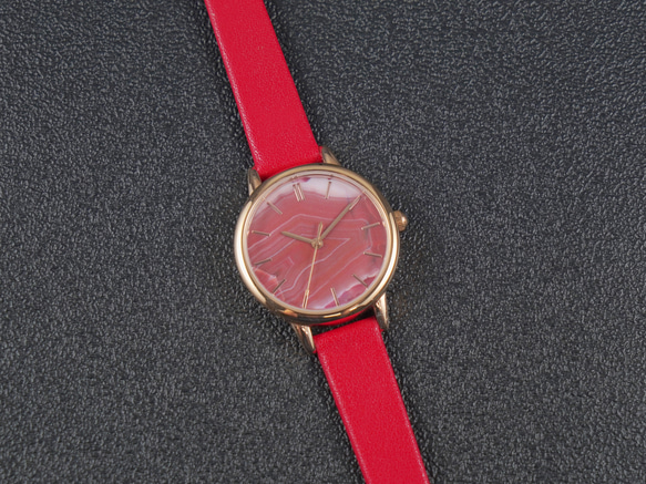 瑪瑙紋路手錶 玫瑰金殼紅色錶帶 女裝手錶 全球免運 第5張的照片