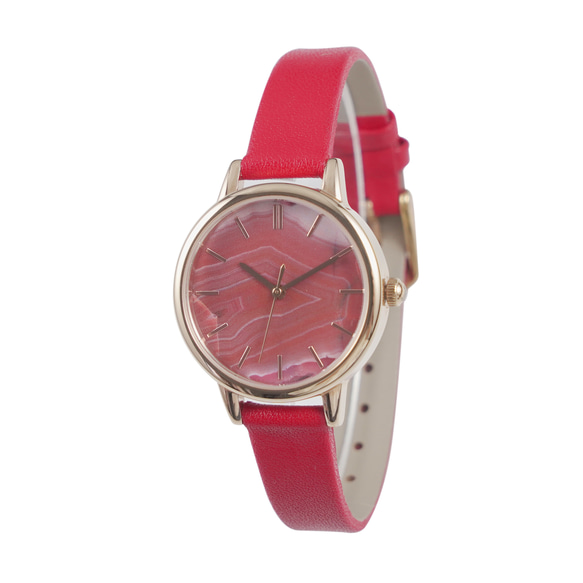 瑪瑙紋路手錶 玫瑰金殼紅色錶帶 女裝手錶 全球免運 第6張的照片