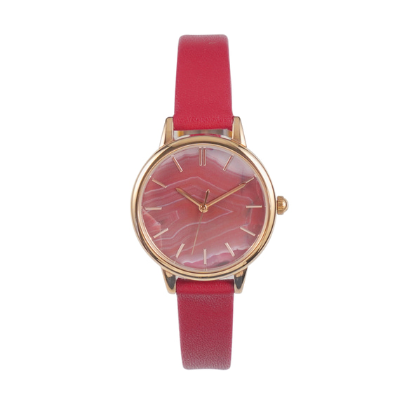 瑪瑙紋路手錶 玫瑰金殼紅色錶帶 女裝手錶 全球免運 第1張的照片