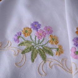 ドイツの手仕事/ピンクや紫・黄色の可愛いお花の手刺繍 ラウンド型 テーブルクロス（ヴィンテージ） 12枚目の画像
