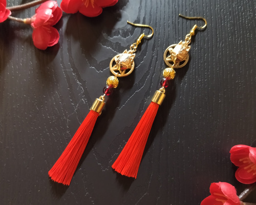 ピアス　狐　仮面　黒　オレンジ　紅葉　ビジュー　クラックビーズ　和　着物　卒業式 ピアス狐仮面黒オレンジ紅葉ビジュークラックビーズ和着物卒業式