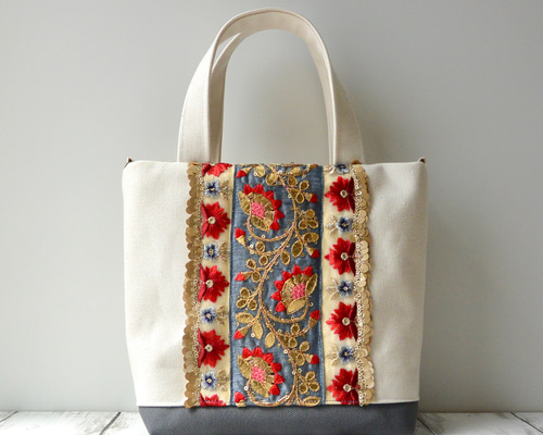 真っ赤な花と金の蔦インド刺繍リボン トートバッグ トートバッグ