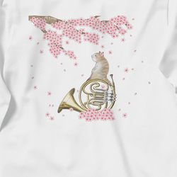 桜とホルン猫の長袖Ｔシャツ(白) 3枚目の画像