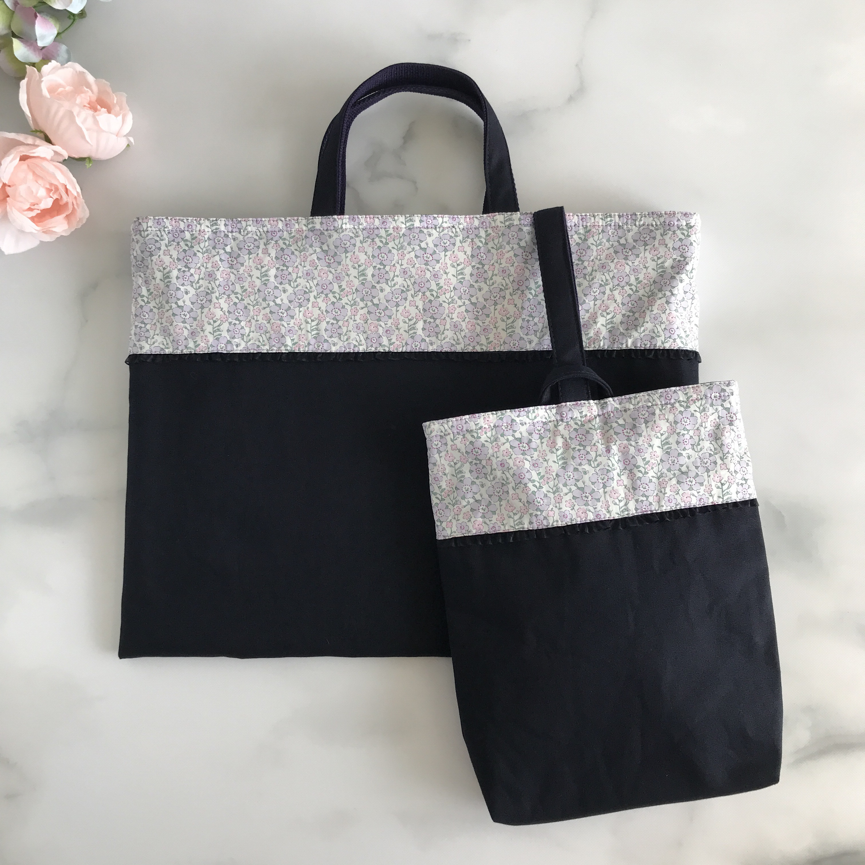 【入園準備・基本の2点セット】紫・紺色・リバティ・セランダイン＜小花柄＞レッスンバッグ・上履き袋・女の子・シンプル 5,145円