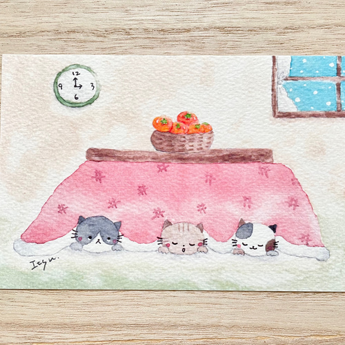 透明水彩画「こたつでお昼寝」ポストカード 3枚セット イラスト 猫