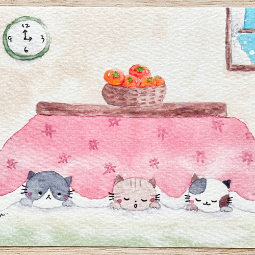 透明水彩画「こたつでお昼寝」ポストカード 3枚セット イラスト 猫