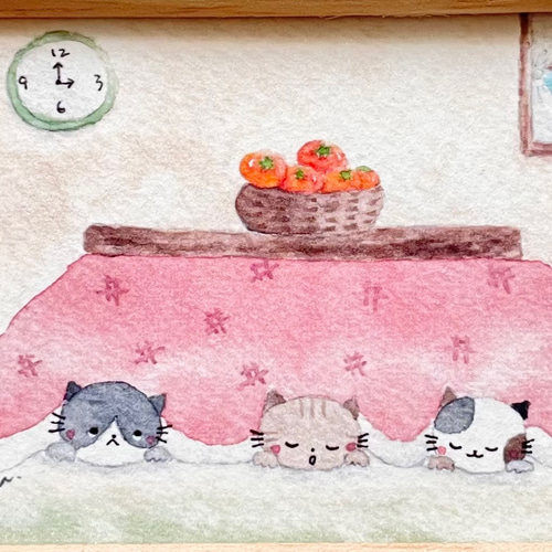 透明水彩画 ミニ額「こたつでお昼寝」イラスト プチギフト 猫 透明水彩画 ミニ額「こたつでお昼寝」イラスト プチギフト 猫