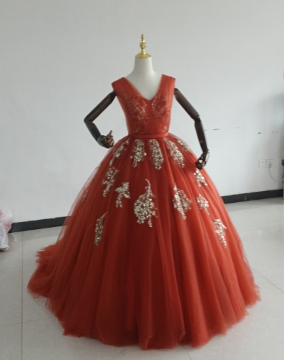 カラードレス 茶色テラコッタ ソフトチュール レース エアリー感  