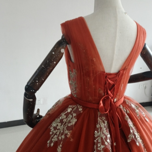 カラードレス 茶色テラコッタ ソフトチュール レース エアリー感  