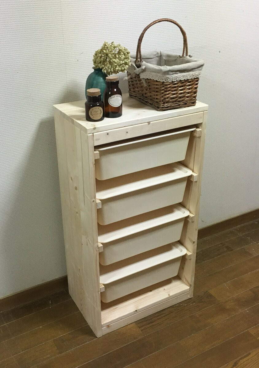 【NEW】幅広な4段収納棚 キッチン収納 洗面収納 収納ケース4個付 N/N 完成品