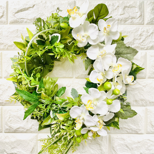 胡蝶蘭とグリーンのリース 30cm アーティフィシャルフラワー 誕生日