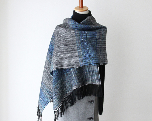 大人っぽいブルーグレー》大判ウール手織りストール ブルーグレー