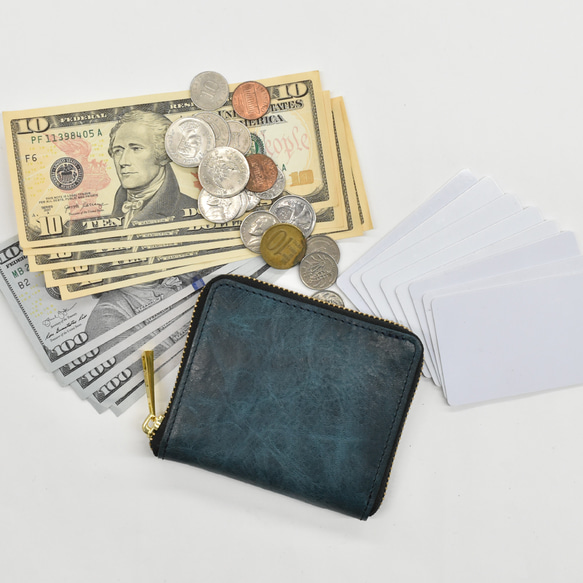 スキミング防止機能付き 馬革 二つ折り財布  コンパクト ビジネス ミニ財布 ネイビー JAW008 2枚目の画像