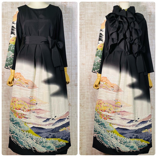 作家物＊手描き友禅遠山に群鶴模様正絹黒留袖ワンピースM～L＆  