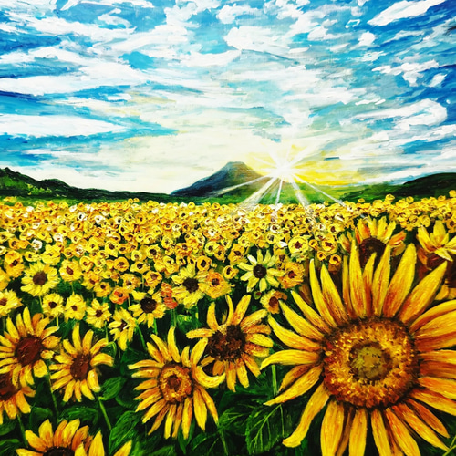 油絵 油彩 油彩画 絵 絵画 【海のひまわり畑】【B4】 | HIROSHI1990