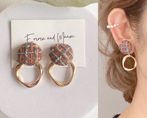 新作⭐　ツイード　ケミカルレース　ボタン　カボション　ピアス　イヤリング　赤　春 新作⭐ ツイード ケミカルレース ボタン カボション ピアス イヤリング