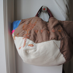 Bag 手縫のバッグ　布製　本革　持ち手　ハンドメイド　1581 1枚目の画像