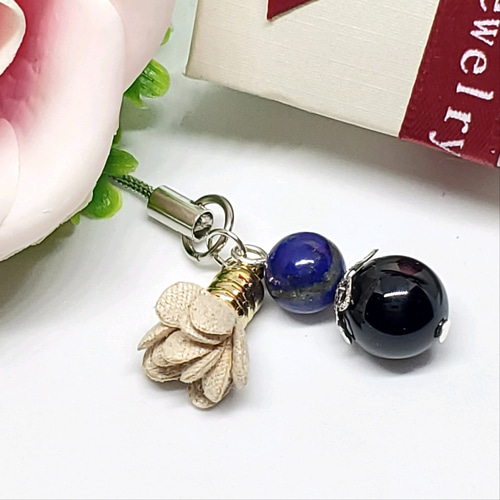 【14kgf】(ロゼンジ)ラピスxクリスタル☆天然石チャーム 天然石＊オニキス&ラピスラズリ＊ストラップ＊チャーム＊キーホルダー