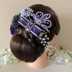 成人式卒業式結婚式・水引髪飾り・10点セット・黒紫 5枚目の画像
