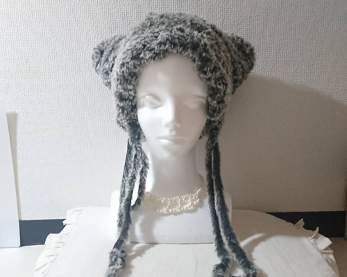 handmade♡ふわふわのタオルヤーン猫耳ニット帽ベージュ １点(リボン付き 23667361a91bffce0a201c9e9ea11b