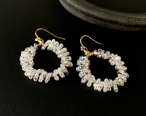 【489】クラックガラス ゴールド フープ ピアス イヤリング ハンドメイド 489】クラックガラス ゴールド フープ ピアス イヤリング ハンドメイド