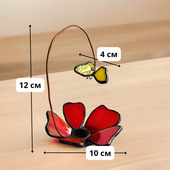 サンキャッチャー　フラワー　赤い花　蝶々　ステンドグラス雑貨　置物　夏の花　季節物　お母さんへのギフト　　送料無料 3枚目の画像