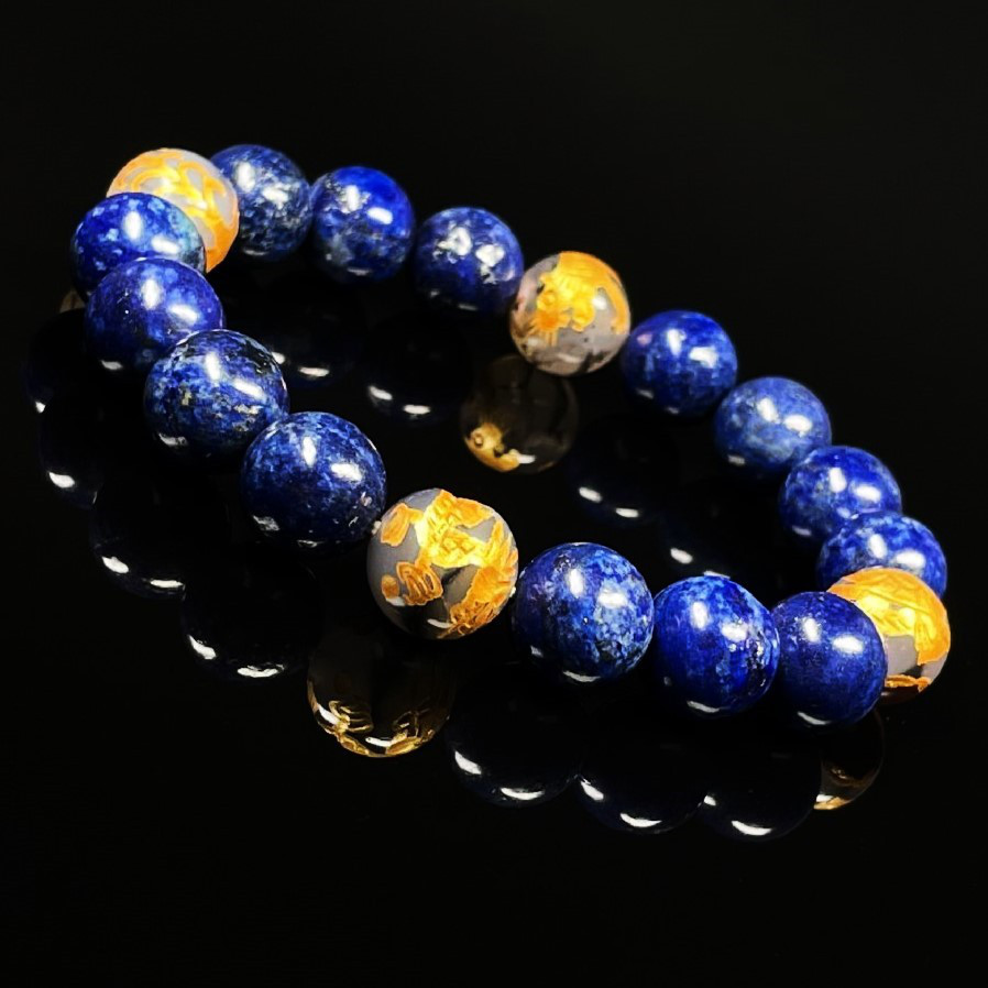 【判断力を高めるストーン】１０ミリ 金彫四神獣 ドラゴンアゲート ラピスラズリ ブレスレット sisin23