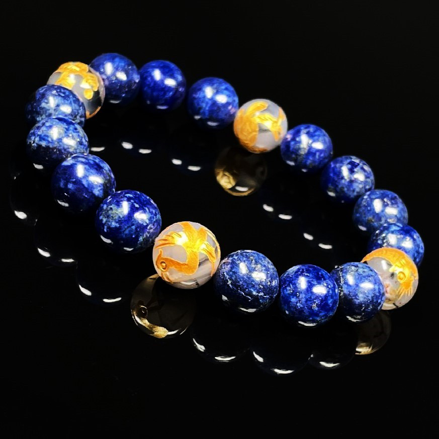 【判断力を高めるストーン】１０ミリ 金彫四神獣 ドラゴンアゲート ラピスラズリ ブレスレット sisin23