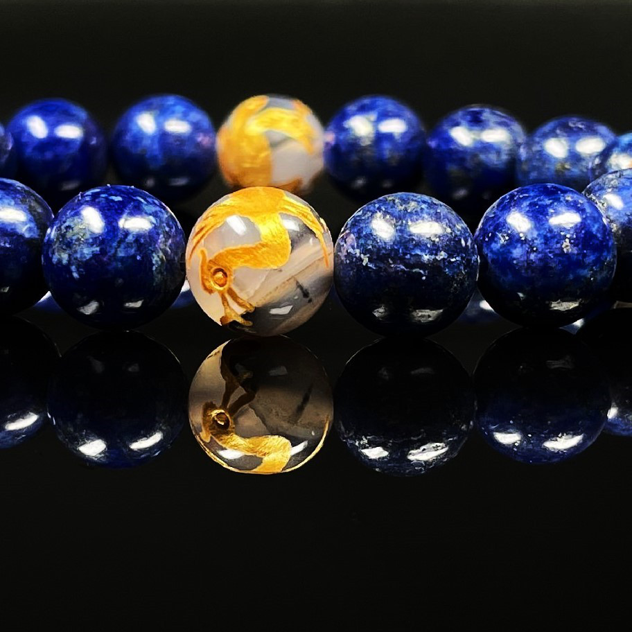 【判断力を高めるストーン】１０ミリ 金彫四神獣 ドラゴンアゲート ラピスラズリ ブレスレット sisin23